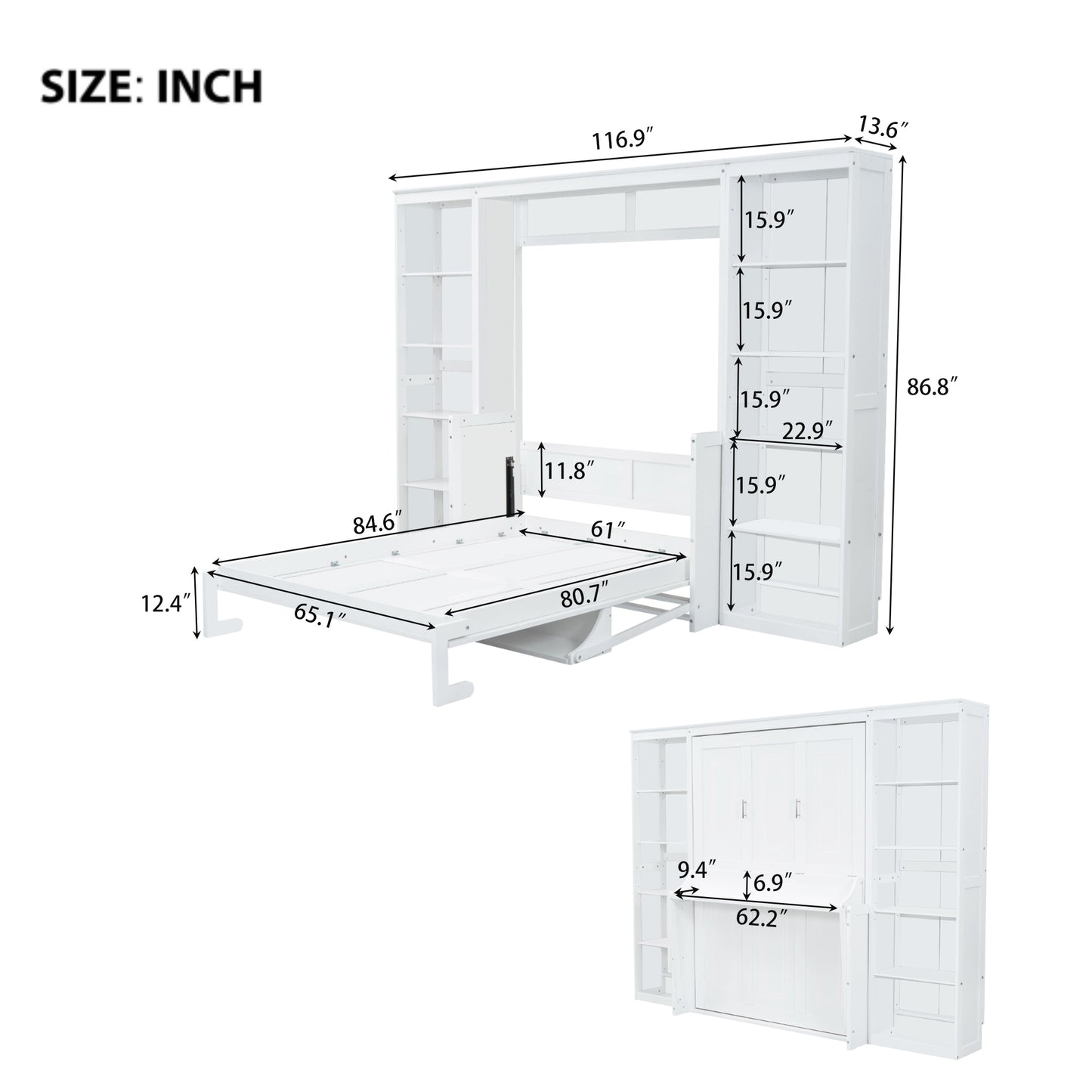 Queen Size Murphy Bed with Desk and Bookshelf, White