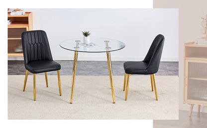 Table and chair set.36 Inch Diameter Modern Luxury Glass Dining Table and Chair Set - Gold Frame, Metal Legs.Two Black PU Chairs with Simple Line Designs On The Backrest.