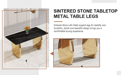 Table and chair set,Modern rectangular table with 0.4 inch black patterned tabletop and gold legs, suitable for kitchen, dining room, and living room , Comfortable PU seats,perfect for dinner, meet