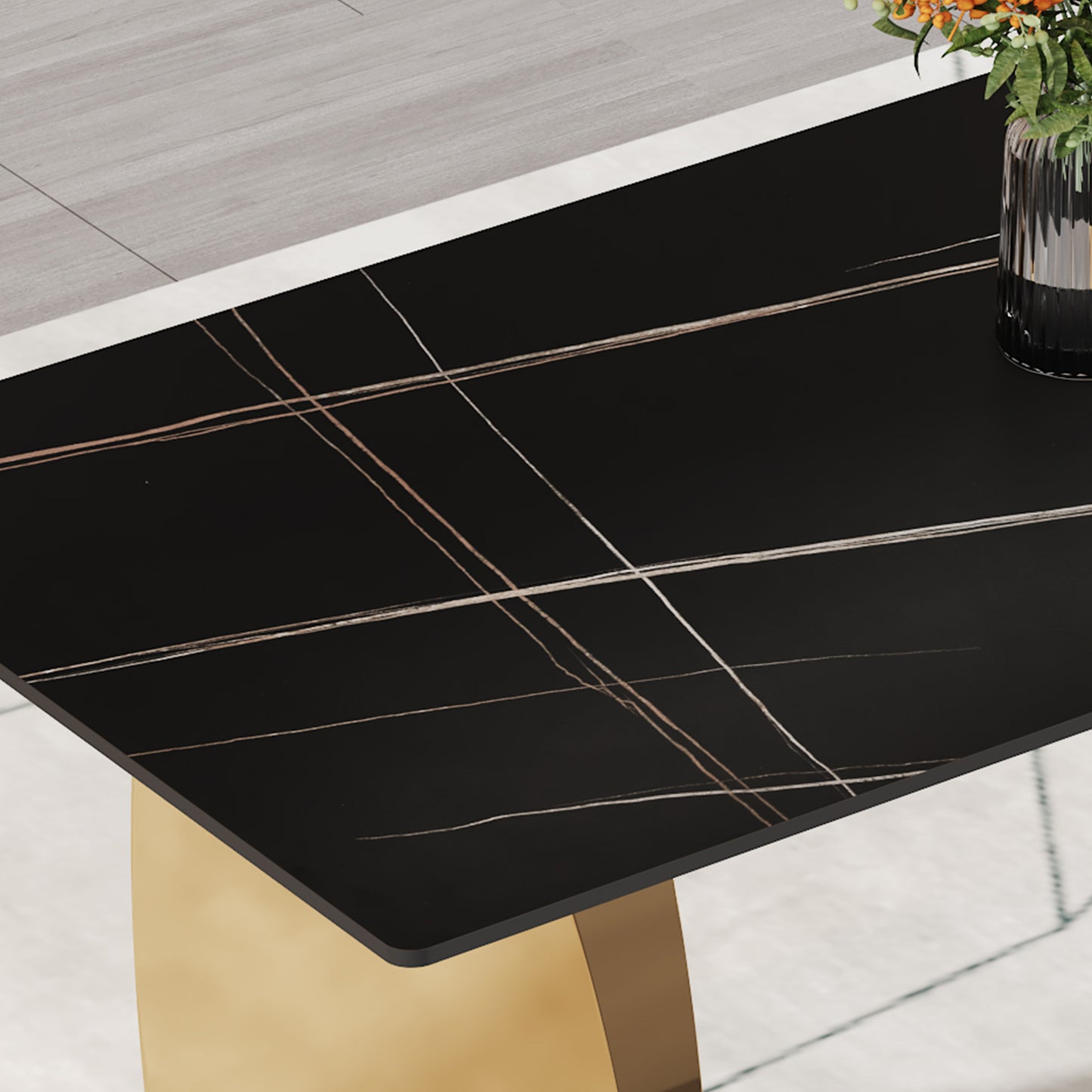 Table and chair set,Modern rectangular table with 0.4 inch black patterned tabletop and gold legs, suitable for kitchen, dining room, and living room , Comfortable PU seats,perfect for dinner, meet
