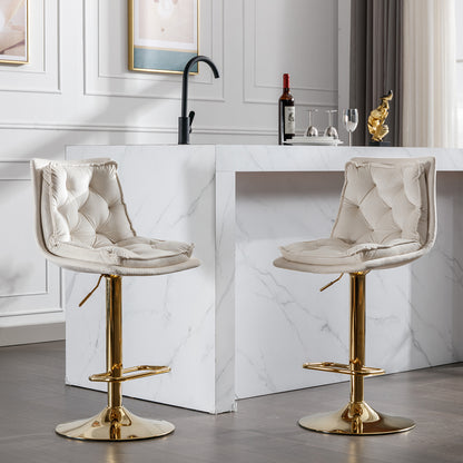 Set of 2 Bar Stools,with Chrome Footrest and Base Swivel Height Adjustable Mechanical Lifting Velvet + Golden Leg Simple Bar Stoo,cream