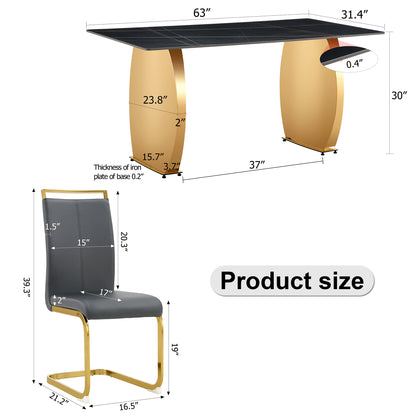 Table and chair set,Modern rectangular table with 0.4 inch black patterned tabletop and gold legs, suitable for kitchen, dining room, and living room , Comfortable PU seats,perfect for dinner, meet