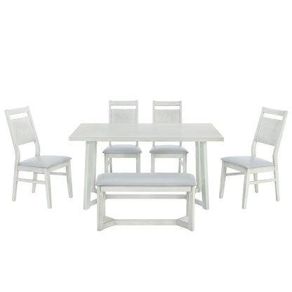 TOPMAX Farmhouse 6-Piece Wood Dining Table Set with 4 Upholstered Chairs and Bench, Gray