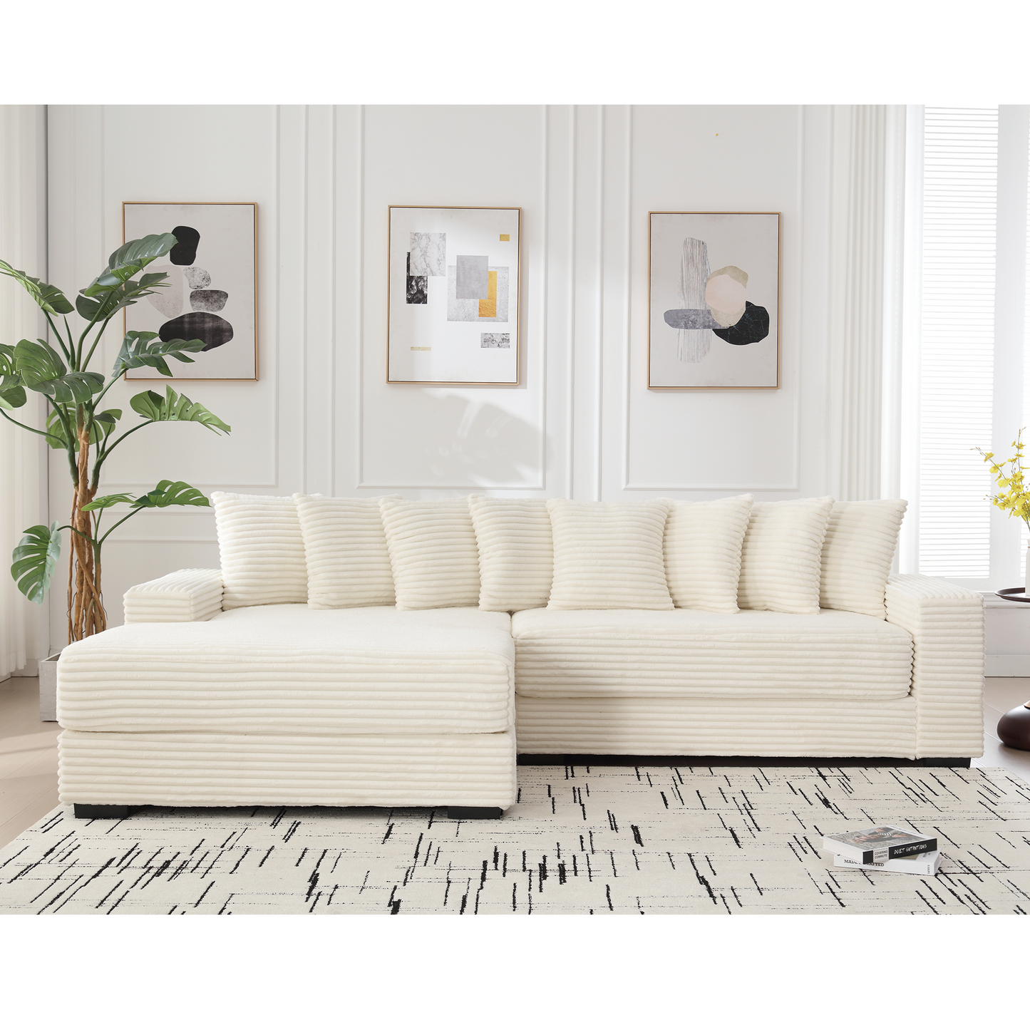 Oversized Two-Piece  Couches,  L Shaped Sofa, Corduroy, Left Chaise Daybed,with Armrests,Eight Throw Pillows,Corner Sofa,Easy To Assemble, Beige