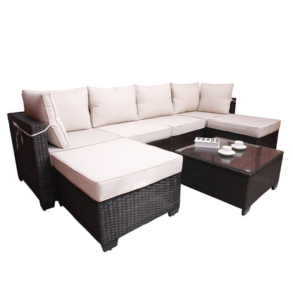 7pc Brown & Beige Patio Set – Outdoor Rattan Sectional w/ Glass Table