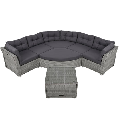 Elegant Patio Furniture Set Outdoor Daybed Rattan Sectional with Cushions and Center Table, Grey, Iron + Rattan