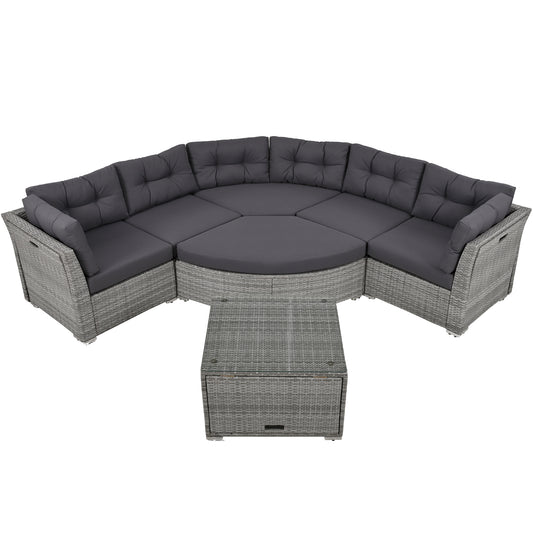 Elegant Patio Furniture Set Outdoor Daybed Rattan Sectional with Cushions and Center Table, Grey, Iron + Rattan