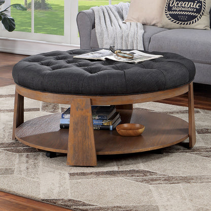 Otomana de 1 pieza con acabado cepillado de alambre, tono natural/gris oscuro, estilo transicional, botones profundos, asiento capitoné tipo lino, estante inferior abierto, sala de estar