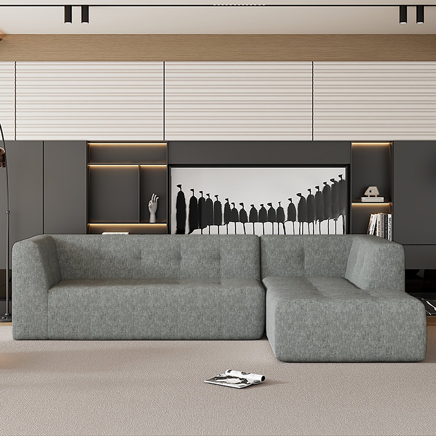 Juego de sofás modulares para sala de estar, 112,2 x 74 pulgadas, sofá minimalista moderno, sofá cama tapizado para sala de estar, dormitorio, combinación de 2 piezas sin computadora, en forma de L, gris claro