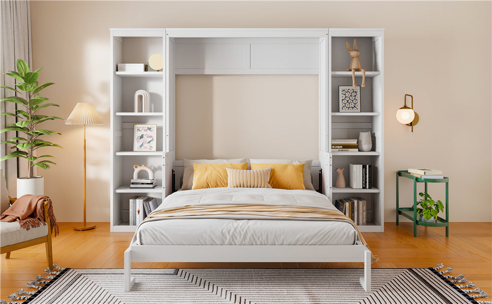 Queen Size Murphy Bed with Desk and Bookshelf, White