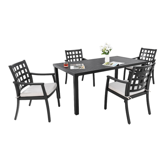 Modern Classic 5PCs Outdoor Patio Dining Set, a Rectangular Table and Four Stationary Dining Chairs, Cast Aluminum, Rust-Free, Textured Ember Black Finish, Sunbrella Cushions, Weather-Resistant