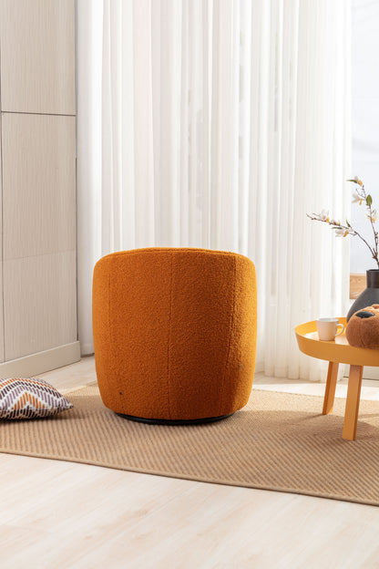 Sillón giratorio de tela Teddy con acento tipo barril y aro metálico con recubrimiento en polvo negro, color caramelo