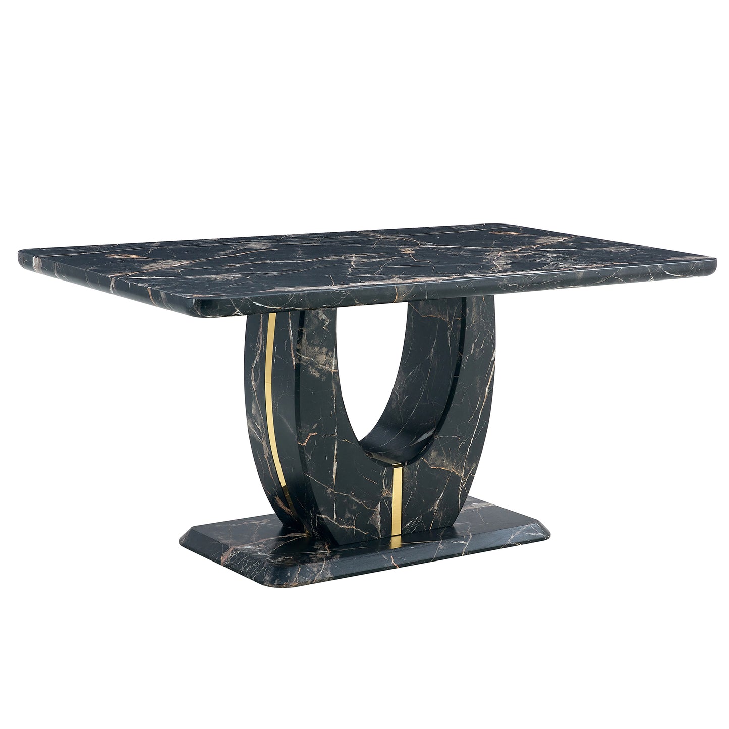 Table and chair set.Black Marble Pattern MDF Dining Table Set - 63"x37" with 6 Light Gray PU chairs with Featuring Arched Golden Metal legs.