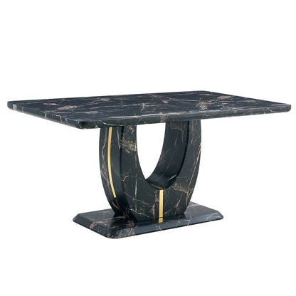 Table and chair set.Black Marble Pattern MDF Dining Table Set - 63"x37" with 6 Light Gray PU chairs with Featuring Arched Golden Metal legs.