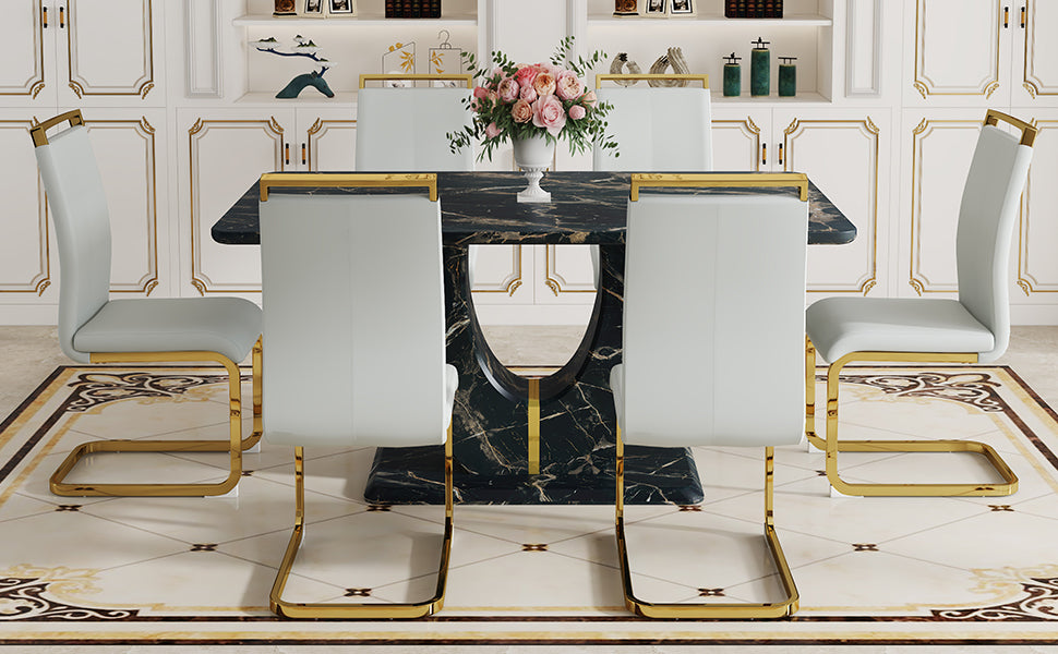 Table and chair set.Black Marble Pattern MDF Dining Table Set - 63"x37" with 6 Light Gray PU chairs with Featuring Arched Golden Metal legs.