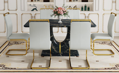 Table and chair set.Black Marble Pattern MDF Dining Table Set - 63"x37" with 6 Light Gray PU chairs with Featuring Arched Golden Metal legs.