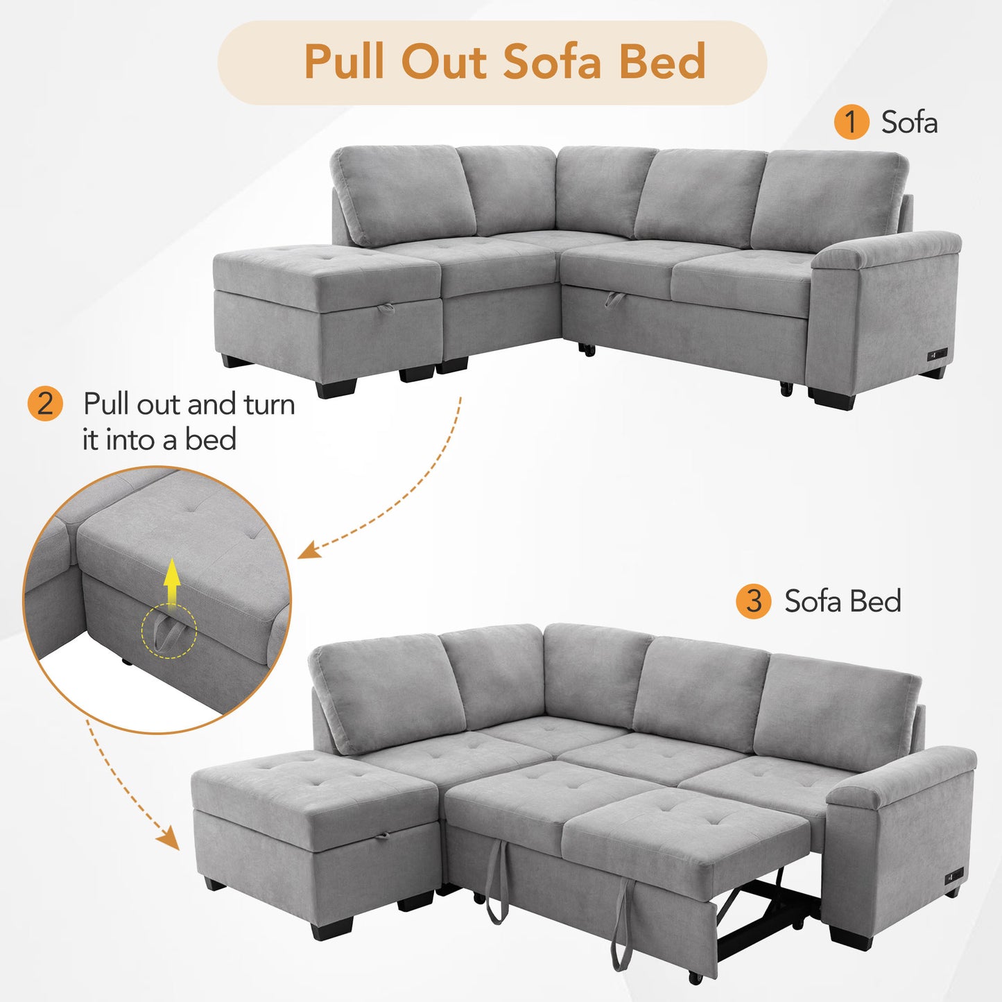 Sleeper Sectional Sofa, L-Shape Corner Couch Sofa-Bed with Storage Ottoman & Hidden Arm Storage & USB Charge  for Living Room Apartment, Gray
