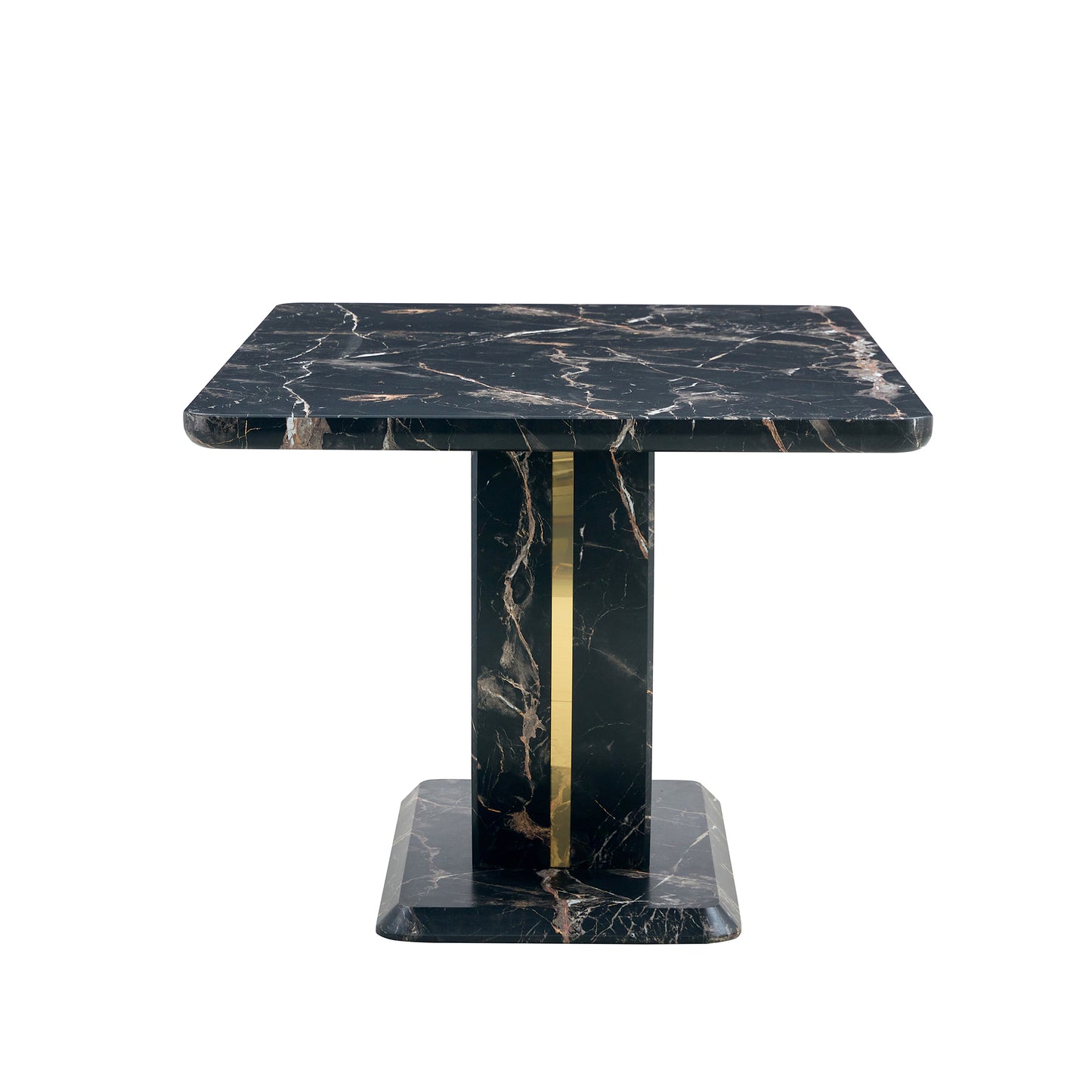 Table and chair set.Black Marble Pattern MDF Dining Table Set - 63"x37" with 6 Light Gray PU chairs with Featuring Arched Golden Metal legs.