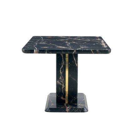 Table and chair set.Black Marble Pattern MDF Dining Table Set - 63"x37" with 6 Light Gray PU chairs with Featuring Arched Golden Metal legs.