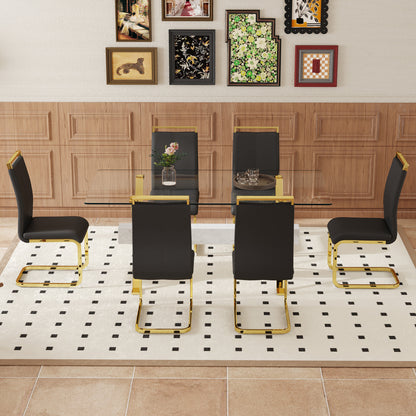 Table and chair set.Elegant Transparent Tempered Glass Dining Set - 71"x35.4" with 6 Black PU Chairs with golden C-tube metal leg.