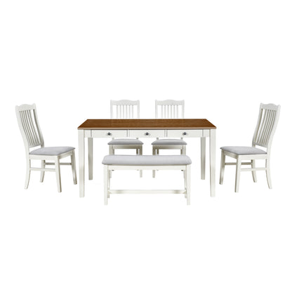 TOPMAX Mid-Century 6-Piece Wood Dining Table Set, Kitchen Table Set with Drawer, Upholstered Chairs and Bench, Butter Milk