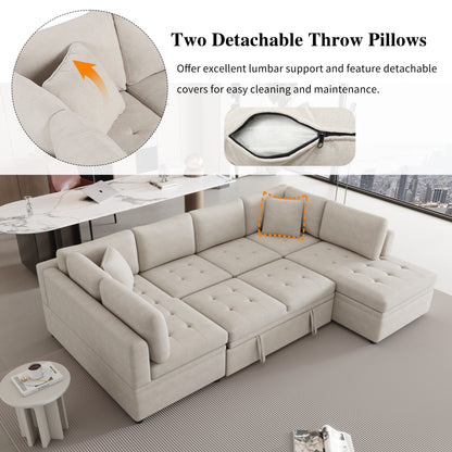 Sofá seccional extragrande de 117.3" en forma de U, sofá cama extraíble con dos cojines para sala de estar, color beige