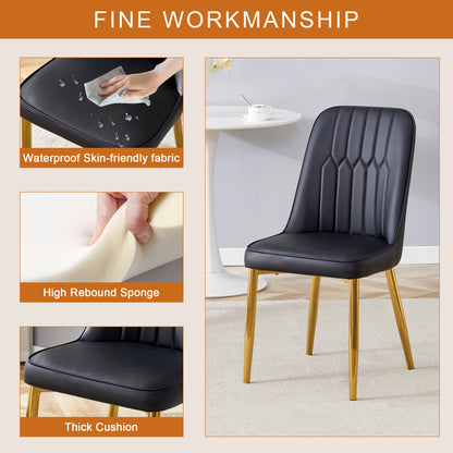 Table and chair set.36 Inch Diameter Modern Luxury Glass Dining Table and Chair Set - Gold Frame, Metal Legs.Two Black PU Chairs with Simple Line Designs On The Backrest.