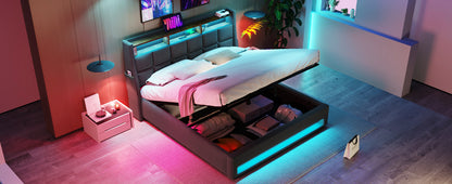 Queen size Upholstered Platform bed with a Hydraulic Storage System, LED and USB Charging, Grey (without mattress)