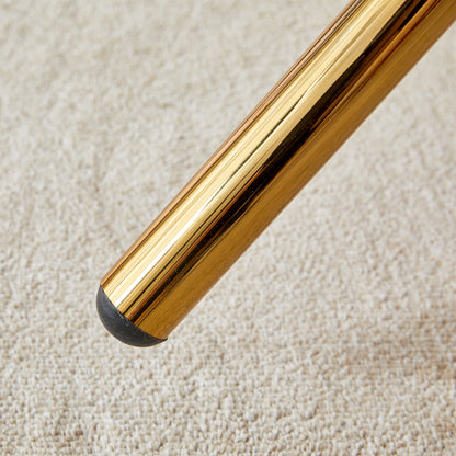 Round clear glass dining table with a unique shape for 4-6 people, with ring-shaped gathered gold metal legs, suitable for desks, kitchens, terraces, dining rooms.