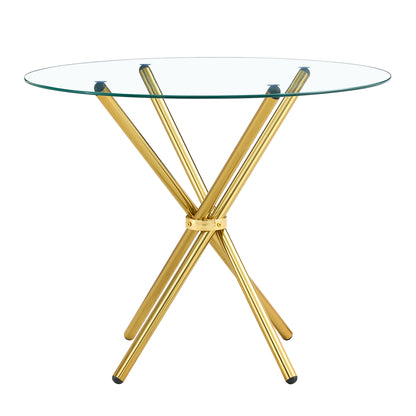Round clear glass dining table with a unique shape for 4-6 people, with ring-shaped gathered gold metal legs, suitable for desks, kitchens, terraces, dining rooms.