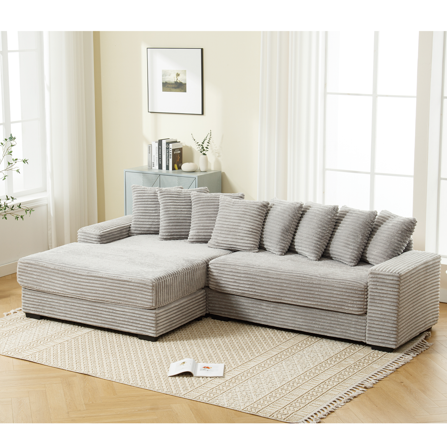 Oversized Two-Piece  Couches,  L Shaped Sofa, Corduroy, Left Chaise Daybed,with Armrests,Eight Throw Pillows,Corner Sofa,Easy To Assemble,  Gray