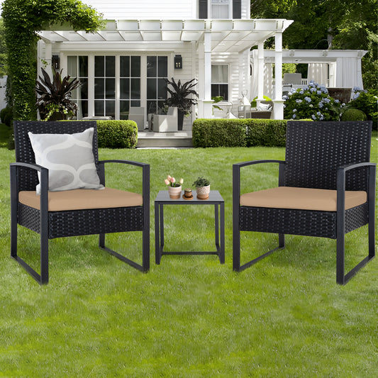 3 Piece Outdoor PE Wicker Furniture Set, Patio Black Rattan Sectional Sofa Couch with Washable Cushions