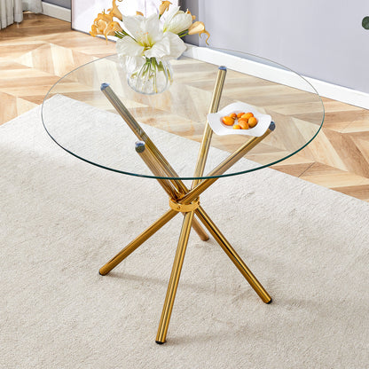 Round clear glass dining table with a unique shape for 4-6 people, with ring-shaped gathered gold metal legs, suitable for desks, kitchens, terraces, dining rooms.