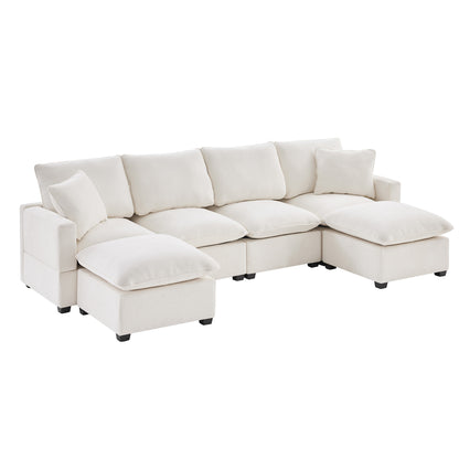 110*57" Modern U Shape Modular Sofa, 6 Seat Chenille Sectional Couch Set with 2 Pillows Included, Freely Combinable Indoor Funiture for Living Room, Apartment, Office, 2 Colors