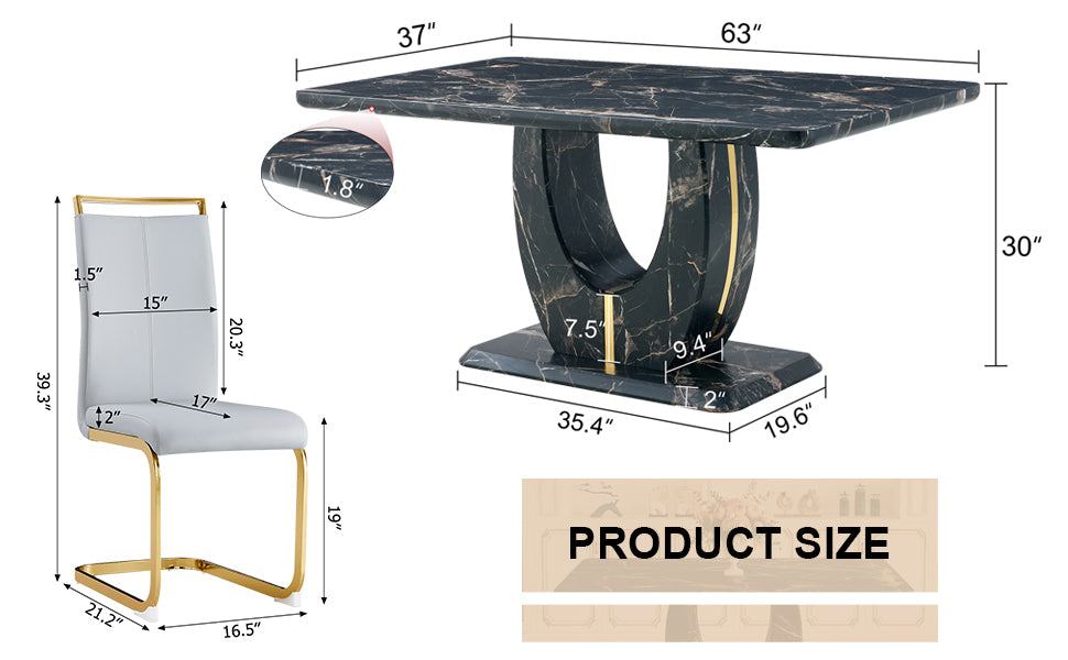 Table and chair set.Black Marble Pattern MDF Dining Table Set - 63"x37" with 6 Light Gray PU chairs with Featuring Arched Golden Metal legs.