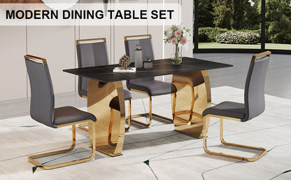 Table and chair set,Modern rectangular table with 0.4 inch black patterned tabletop and gold legs, suitable for kitchen, dining room, and living room , Comfortable PU seats,perfect for dinner, meet