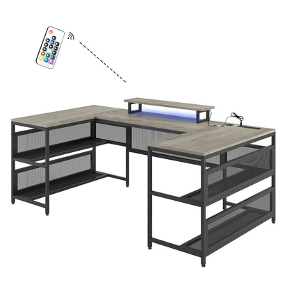 U Shaped Desk with Power Outlets & LED Strip & Monitor Stand, L Shaped Desk with Storage Shelf, Home Office Gaming Desk, Vintage