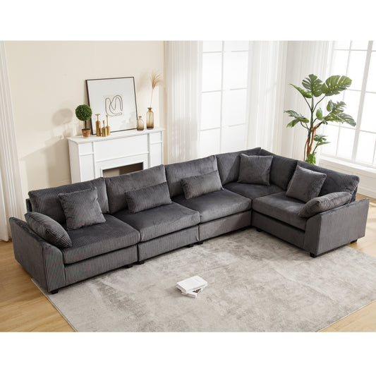 Oversized Modular Sectional Sofa Couches Set,Corduroy Upholstered Deep Seat Comfy Sofa for Living Room 5 Seat,Dark Gray