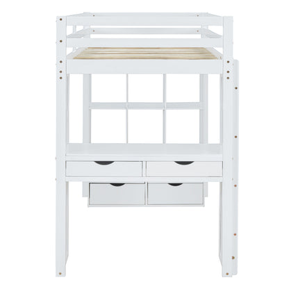Twin Size Loft Bed with large shelves, writing desk and LED Light, White