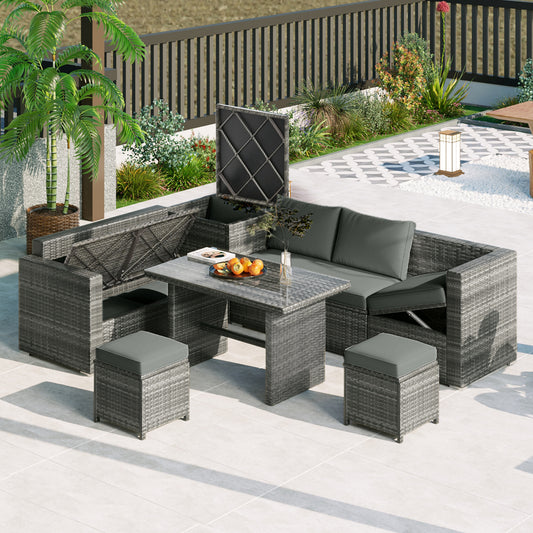 TOPMAX Outdoor 6-Piece All Weather PE Rattan Sofa Set, Garden Patio Wicker Sectional Furniture Set with Adjustable Seat, Storage Box, Removable Covers and Tempered Glass Top Table,Grey