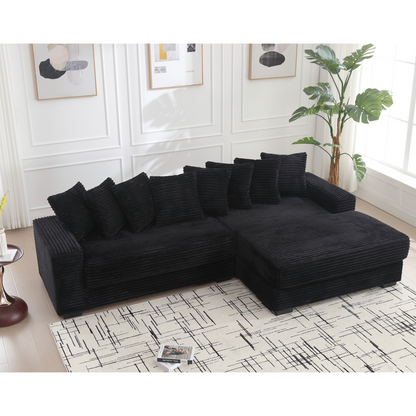 Oversized Two-Piece  Couches,  L Shaped Sofa, Corduroy, Right Chaise Daybed,with Armrests,Eight Throw Pillows,Corner Sofa,Easy To Assemble,  Black