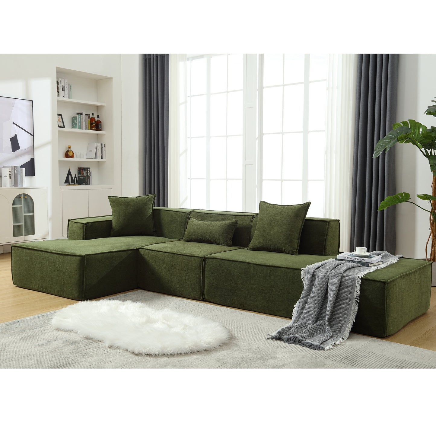 Modular combination  sofa set, modern minimalist sofa, free installation sofa, L-shaped, Italian minimalist tofu block sofa,  Right-Hand Facing,Terrycloth fabric, Green