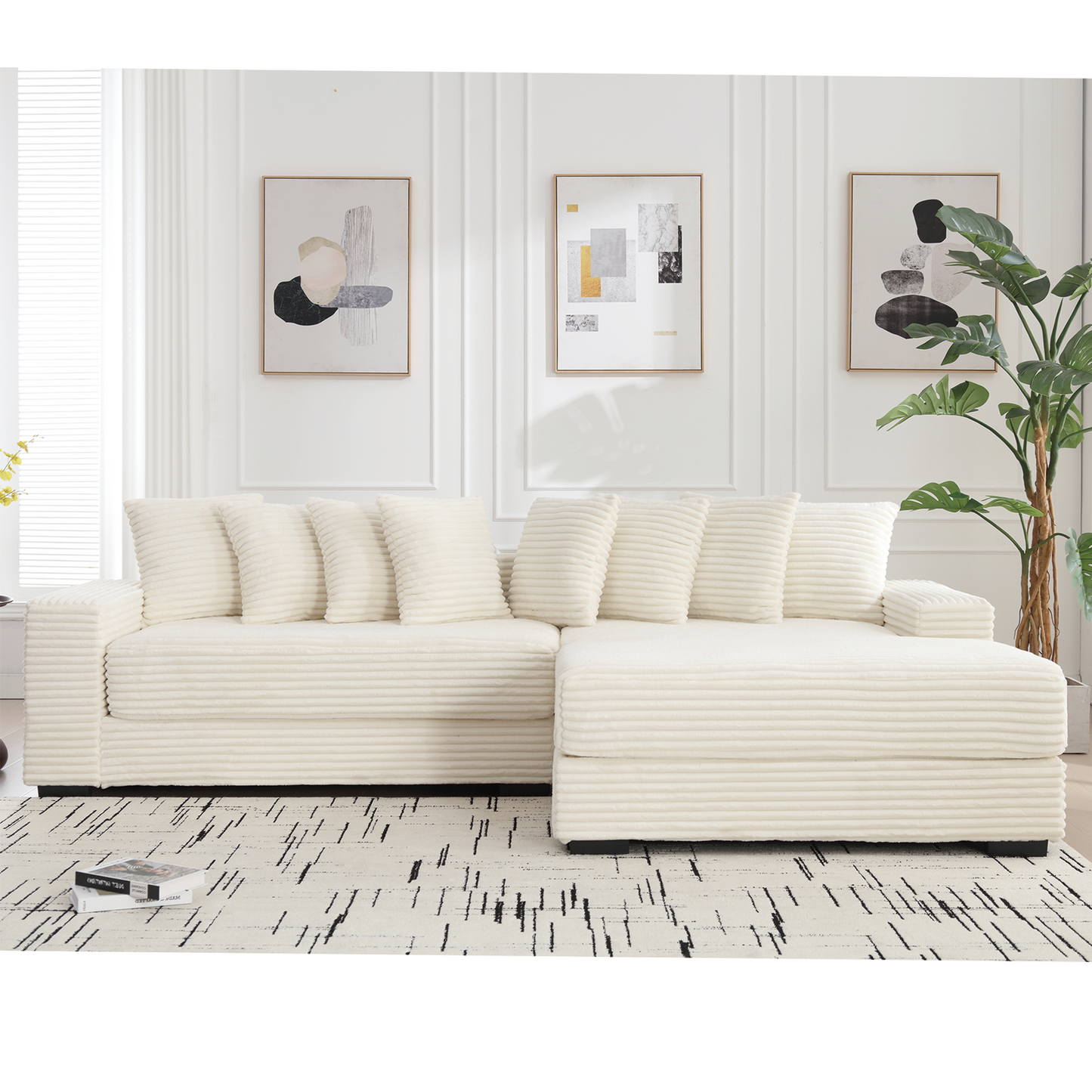 Oversized Two-Piece  Couches,  L Shaped Sofa, Corduroy, Right Chaise Daybed,with Armrests,Eight Throw Pillows,Corner Sofa,Easy To Assemble, Beige