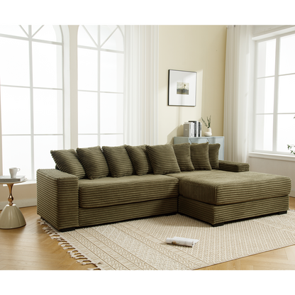 Oversized Two-Piece Couches, L Shaped Sofa, Corduroy, Right Chaise Daybed,with Armrests,Eight Throw Pillows,Corner Sofa,Easy To Assemble, Green