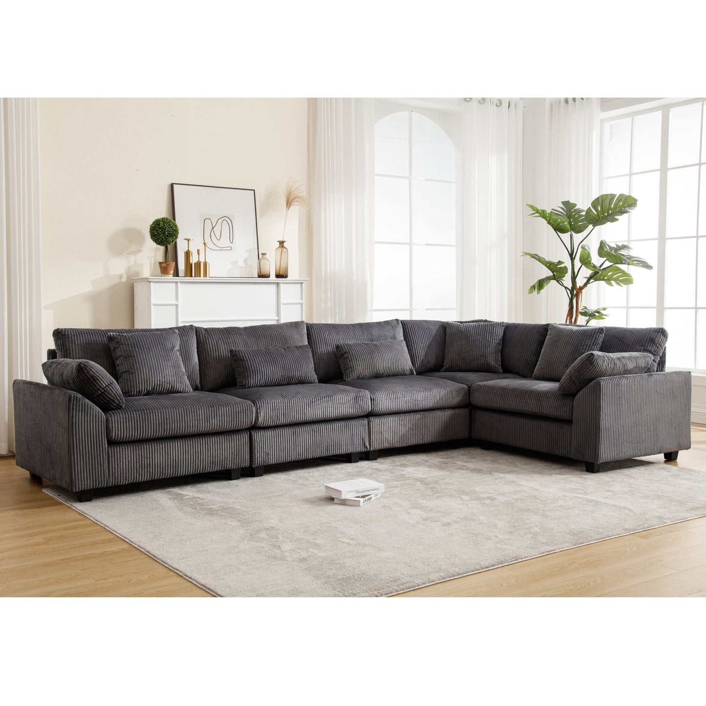 Oversized Modular Sectional Sofa Couches Set,Corduroy Upholstered Deep Seat Comfy Sofa for Living Room 5 Seat,Dark Gray