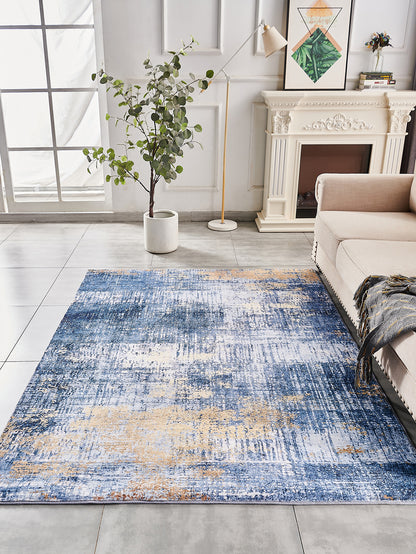ZARA Collection Abstract Design Blue Gold (6' ft x 4' ft) Machine Washable Super Soft Area Rug