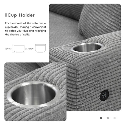 Sofá seccional extragrande de pana de 134 x 54 pulgadas, sofá nube en forma de L con puerto de carga USB, portavasos, sofá cama profundo con chaise longue de 50 pulgadas, cómodo mueble de interior para sala de estar, 3 colores