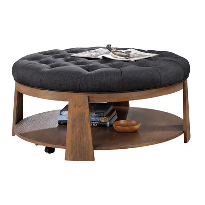 Otomana de 1 pieza con acabado cepillado de alambre, tono natural/gris oscuro, estilo transicional, botones profundos, asiento capitoné tipo lino, estante inferior abierto, sala de estar