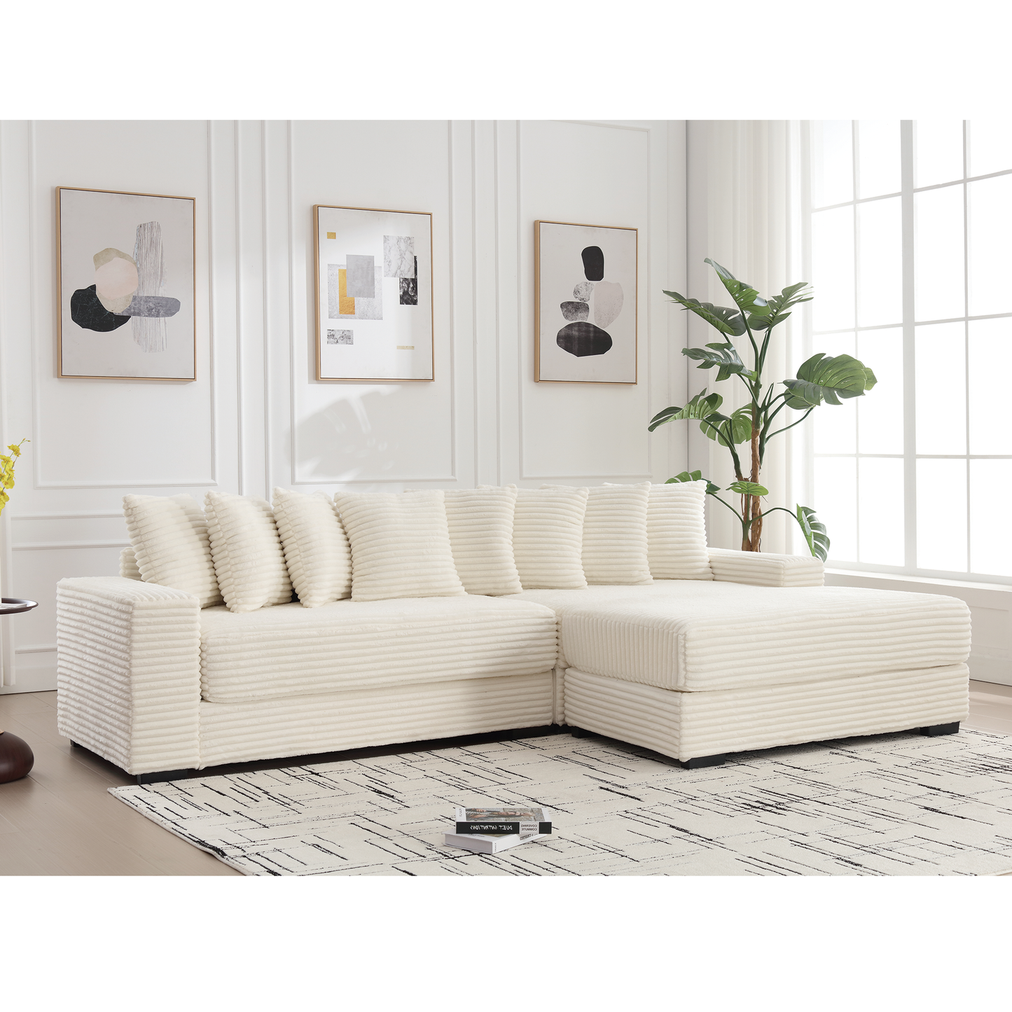 Oversized Two-Piece  Couches,  L Shaped Sofa, Corduroy, Right Chaise Daybed,with Armrests,Eight Throw Pillows,Corner Sofa,Easy To Assemble, Beige