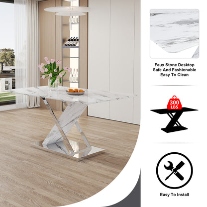 Table and chair set, modern dining table, imitation marble white top and silver legs, soft and comfortable dining chair, perfect for dinner, meetings, home and office decor